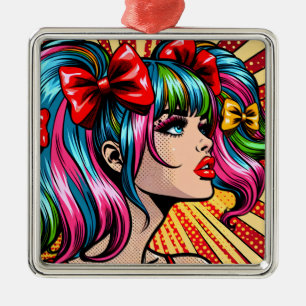 Pretty Pop Art Comic Girl with Bows Metal Tree Decoration