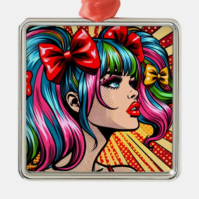 Pretty Pop Art Comic Girl with Bows Metal Tree Decoration (Front)