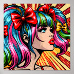 Pretty Pop Art Comic Girl with Bows Poster<br><div class="desc">Colourful cute pop art comic style girl with pigtails and bows in her hair.</div>