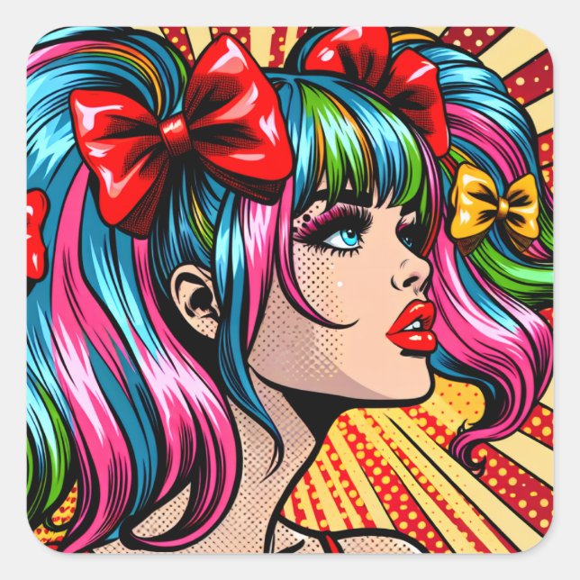 Pretty Pop Art Comic Girl with Bows Square Sticker (Front)