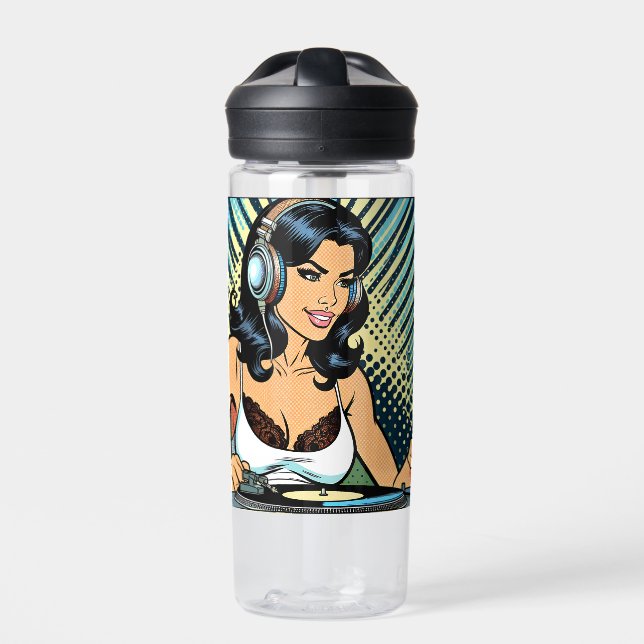 Pretty Pop Art Deejay Jamming Water Bottle (Front)