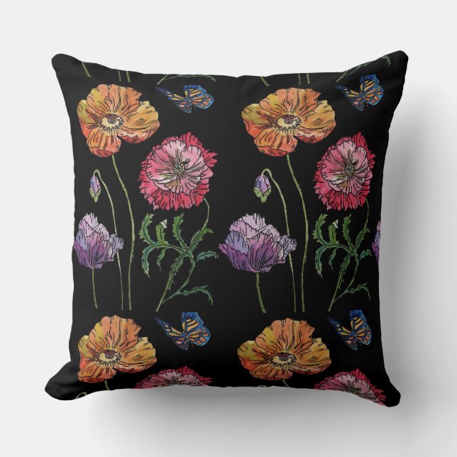 Pretty Poppies Black Watercolour Flowers Floral Cushion (Front)