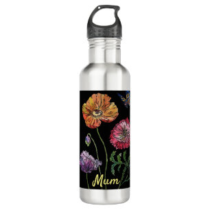 Pretty Poppies on Black Watercolour Painting 710 M Ml Water Bottle