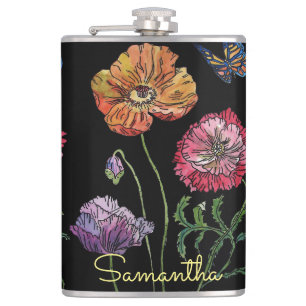 Pretty Poppies on Black Watercolour Painting Hip Flask