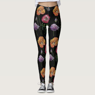 Pretty Poppies on Black Watercolour Painting Mum   Leggings