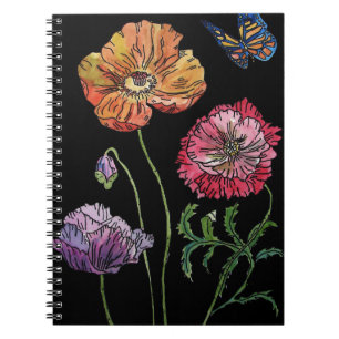 Pretty Poppies on Black Watercolour Painting Notebook