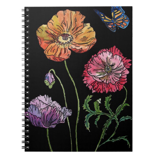 Pretty Poppies on Black Watercolour Painting Notebook (Front)