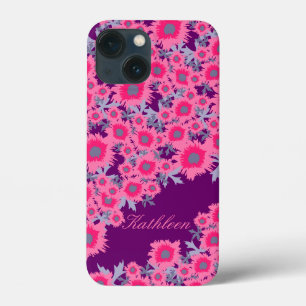 Pretty poppy pink purple damask name iPhone 13 mini case