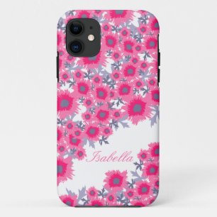 Pretty poppy pink white damask name iphone case
