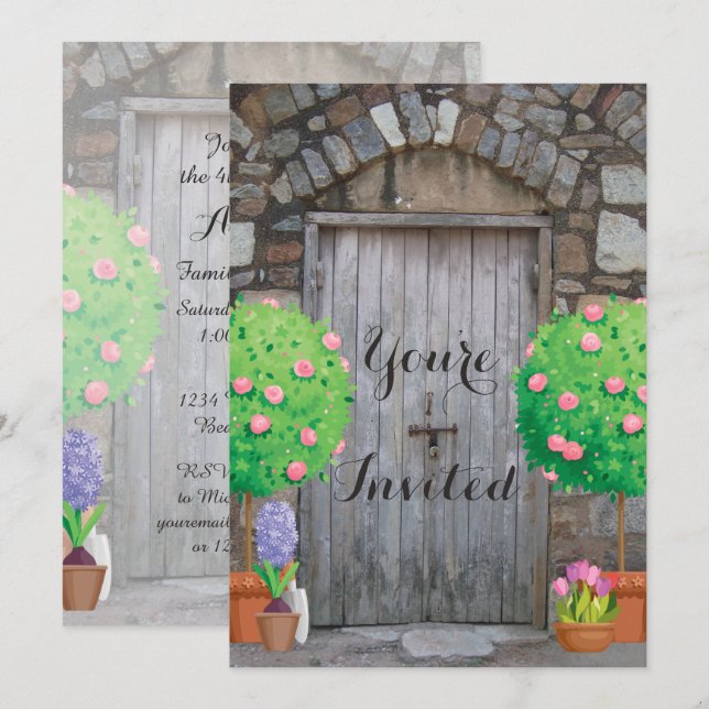 Pretty Potted Garden Old Wood Door Family Reunion Invitation (Front/Back)