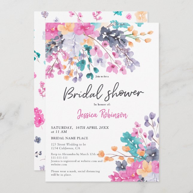 Pretty pressed flowers script chic bridal shower invitation (Front/Back)