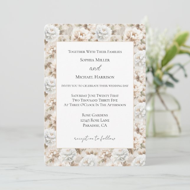 Pretty Pretty White Brown Floral Wedding Invitation (Standing Front)