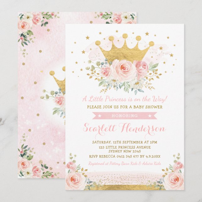 Pretty Princess Baby Girl Shower Blush Pink Floral Invitation (Front/Back)