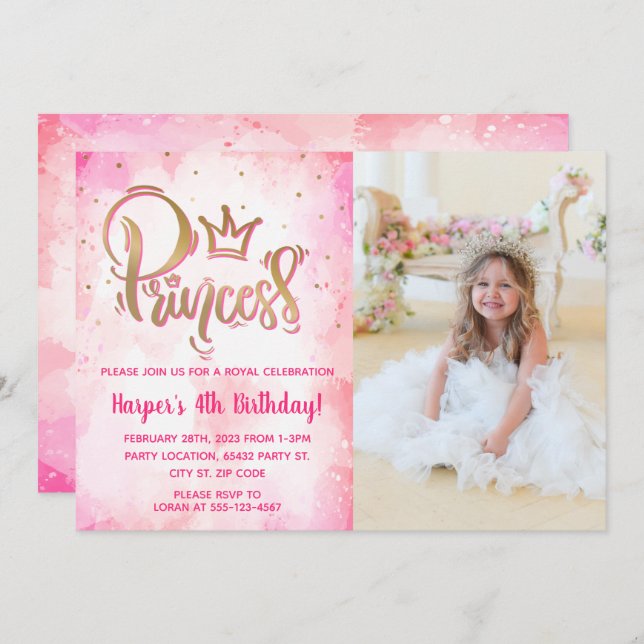 Pretty Princess Birthday Photo Invitation (Front/Back)