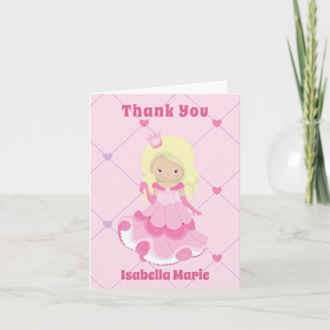 Pretty Princess Girl Pink Personalised Kids Pink Thank You Card (Front)