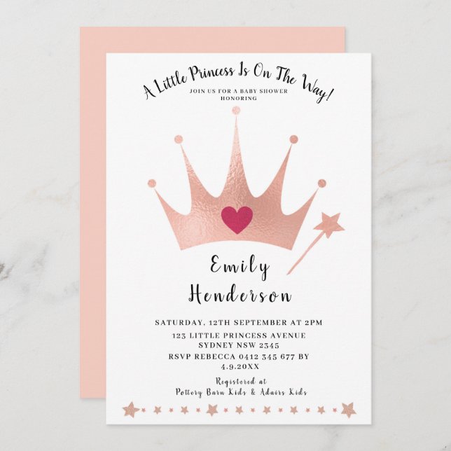 Pretty Princess Gold Crown Pink Baby Shower Invitation (Front/Back)