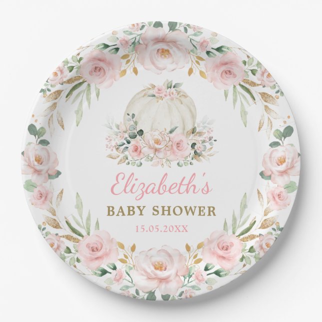Pretty Pumpkin Blush Pink Floral Wreath Baby Girl Paper Plate (Front)