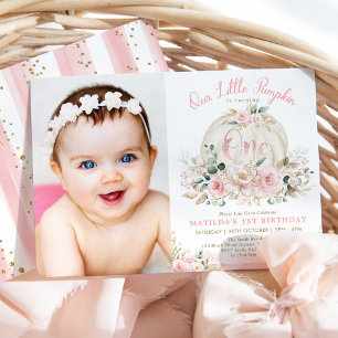 Pretty Pumpkin Blush Rose Gold Floral 1st Birthday Invitation