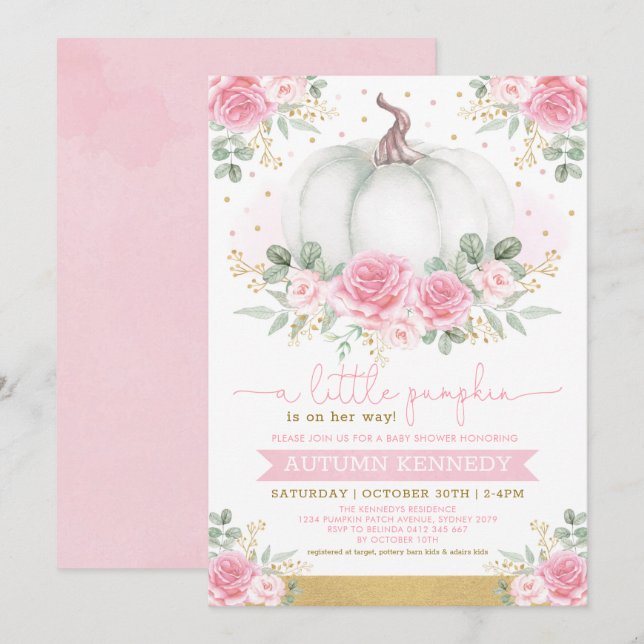 Pretty Pumpkin Watercolor Pink Floral Baby Shower Invitation (Front/Back)