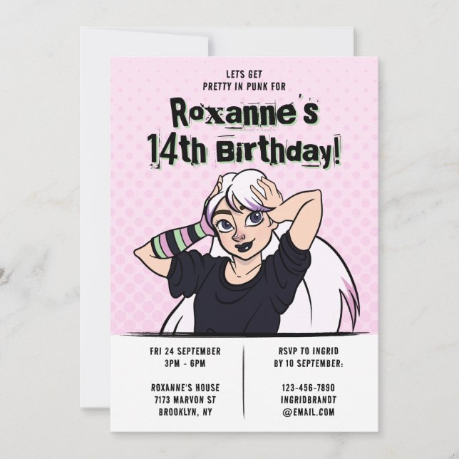 Pretty Punk Cartoon Teen Girl 14th Birthday Invitation (Front)