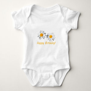 pretty, pure white daisy flowers happy birthday baby bodysuit