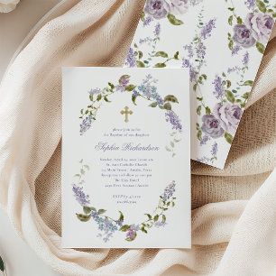 Pretty Purple and Blue Lilacs and Cross   Baptism Invitation