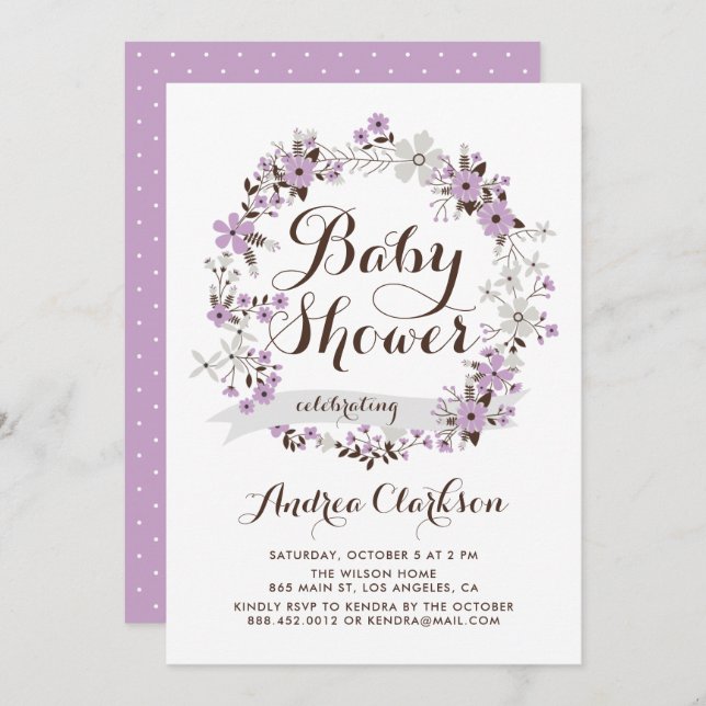 Pretty Purple and Grey Floral Wreath Baby Shower Invitation (Front/Back)