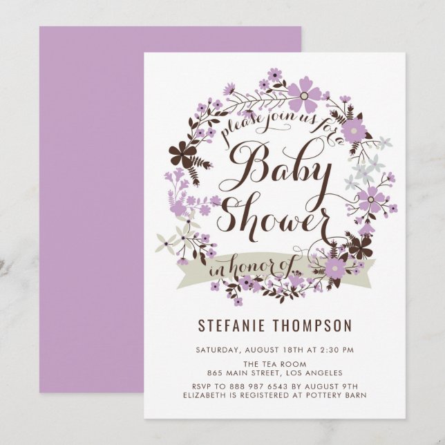 Pretty Purple and Grey Floral Wreath Baby Shower Invitation (Front/Back)
