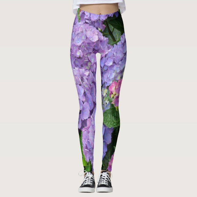 Pretty Purple and Pink Hydrangea Flowers Leggings (Front)