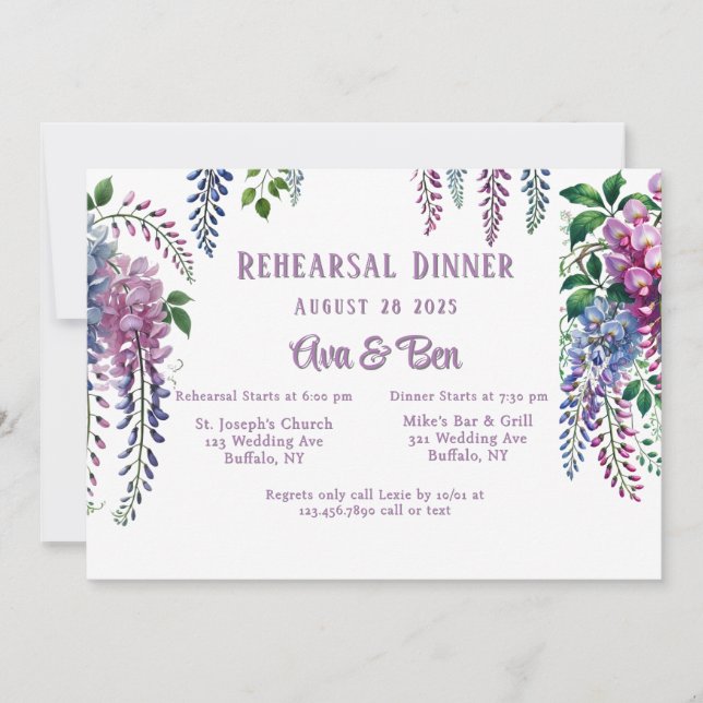 Pretty Purple and Pink Wisteria Rehearsal Dinner  Invitation (Front)
