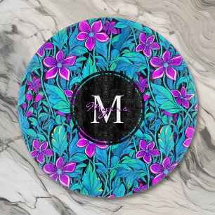 Pretty Purple and Teal Blue Floral Personalised Cutting Board