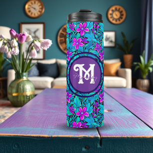 Pretty Purple and Teal Blue Floral Personalised Thermal Tumbler