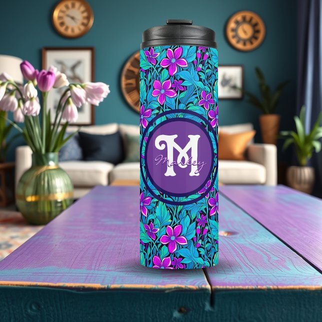 Pretty Purple and Teal Blue Floral Personalised Thermal Tumbler (Creator Uploaded)