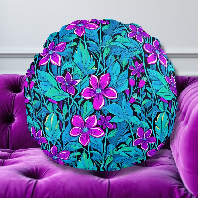 Pretty Purple and Teal Blue Floral Round Cushion (Creator Uploaded)