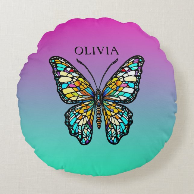 Pretty Purple and Teal Butterfly Personalised Round Cushion (Front)