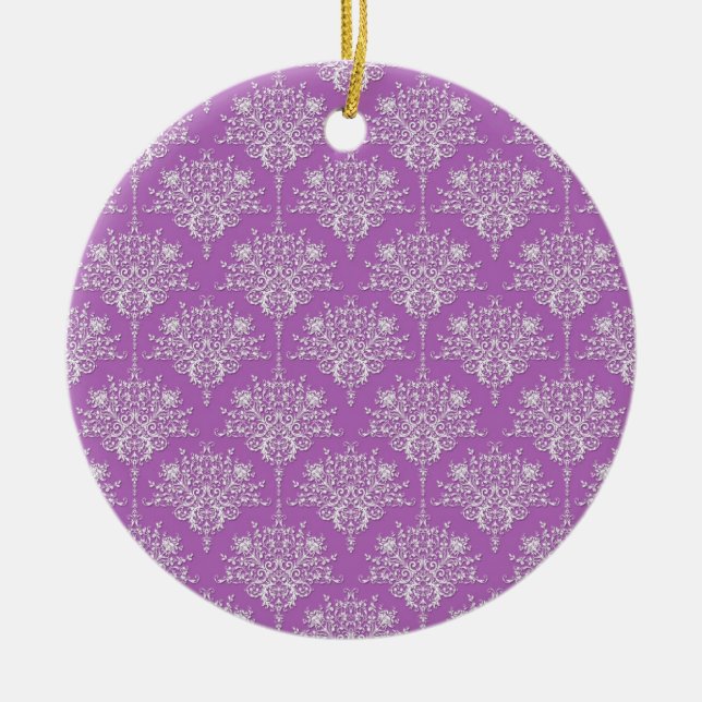 Pretty Purple and White Damask Ceramic Tree Decoration (Front)