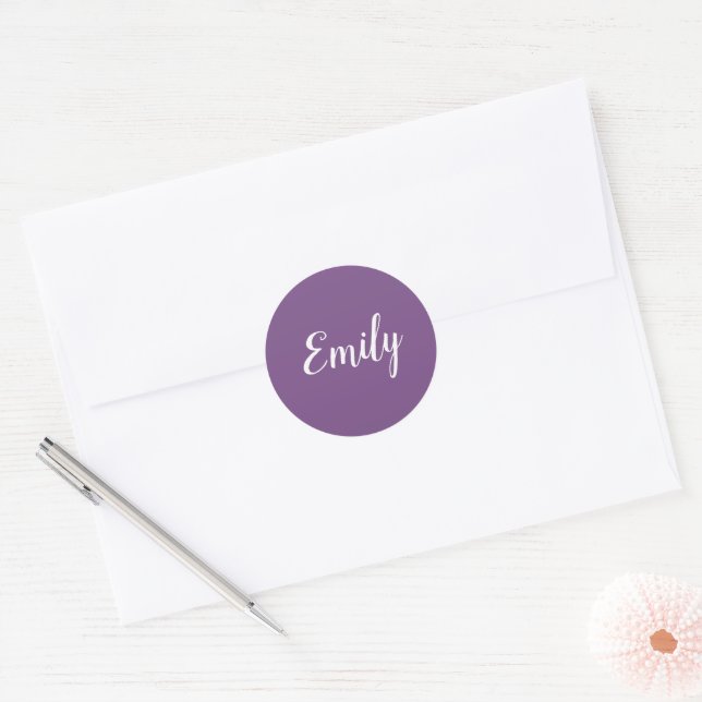 Pretty Purple and White Girly Cursive Name Classic Round Sticker (Envelope)