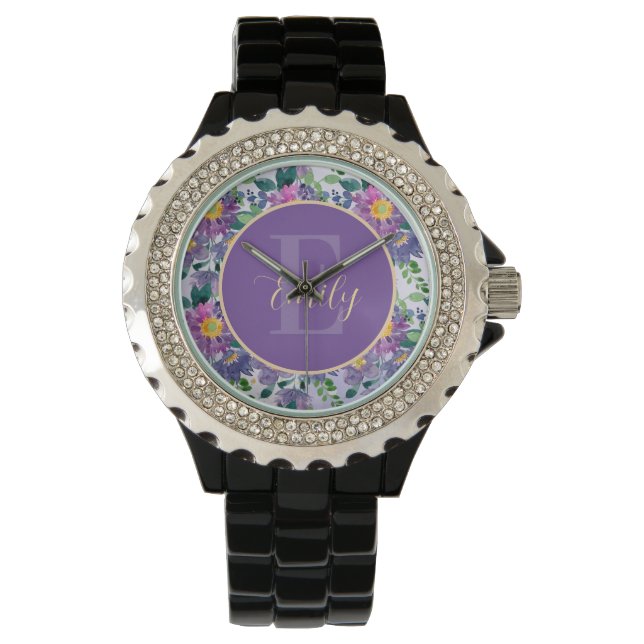 Pretty Purple Blue Florals Monogram  Watch (Front)