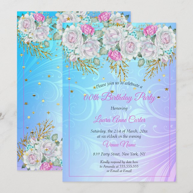 Pretty Purple Blue Gold Floral Pink Birthday Party Invitation (Front/Back)