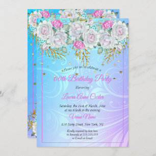 Pretty Purple Blue Gold Floral Pink Birthday Party Invitation