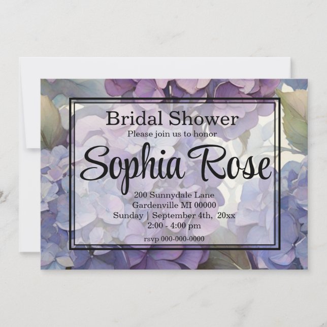 Pretty purple blue watercolor floral bridal shower invitation (Front)