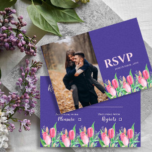Pretty Purple & Blush Tulip Floral Photo Wedding RSVP Card