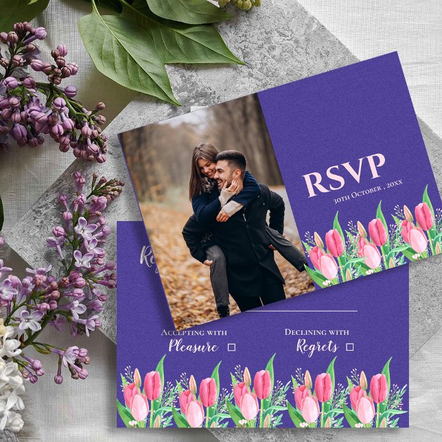  Pretty Purple & Blush Tulip Floral Photo Wedding RSVP Card (Pretty Purple & Blush Tulip Floral Photo Wedding RSVP Card)