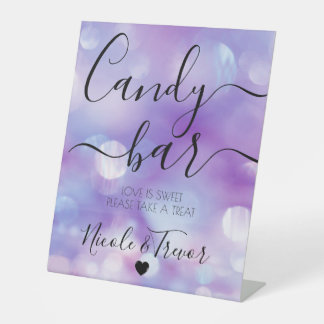 Pretty Purple Bokeh Personalised Wedding Candy Bar Pedestal Sign