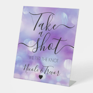 Pretty Purple Bokeh Take a Shot Wedding Pedestal Sign