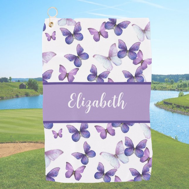Pretty purple butterflies personalised name  golf towel (Creator Uploaded)