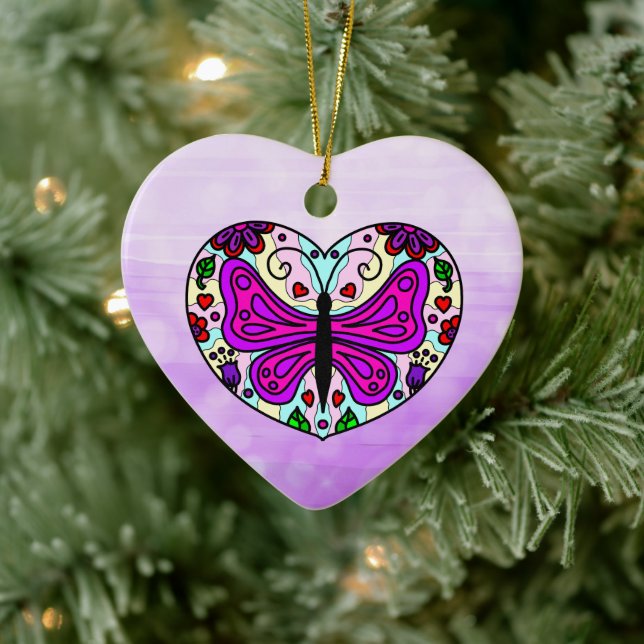 Pretty Purple Butterfly and Heart Mandala Ceramic Tree Decoration (Tree)