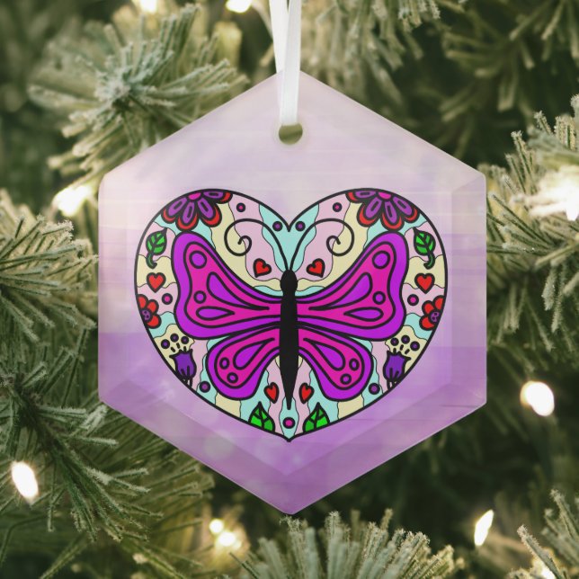Pretty Purple Butterfly and Heart Mandala   Glass Tree Decoration (Insitu)