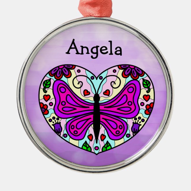 Pretty Purple Butterfly and Heart Mandala     Metal Tree Decoration (Front)