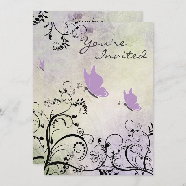 Pretty Purple Butterfly and Vines Baby Shower Invitation (Front/Back)